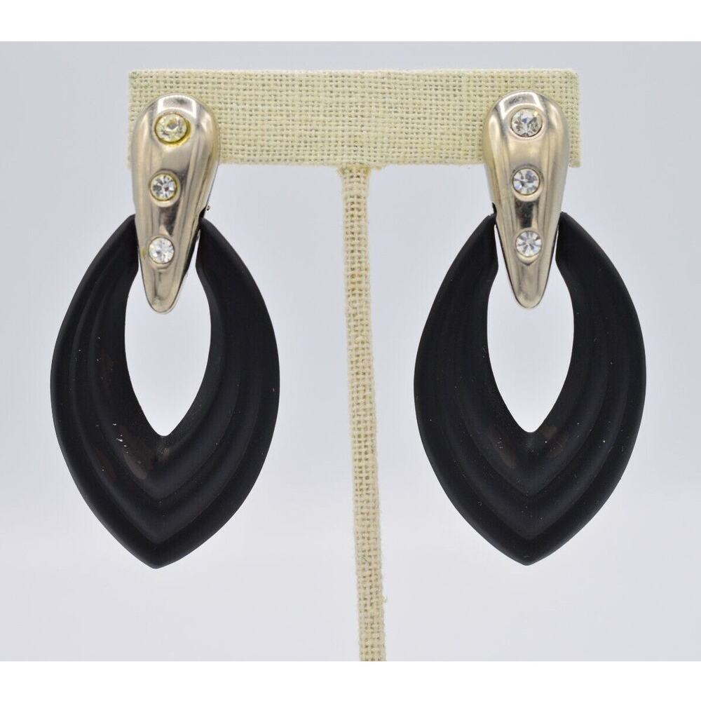 Vintage Dangle Clip On Earrings Black Metal Door Knocker Crystal Chunky BinAB